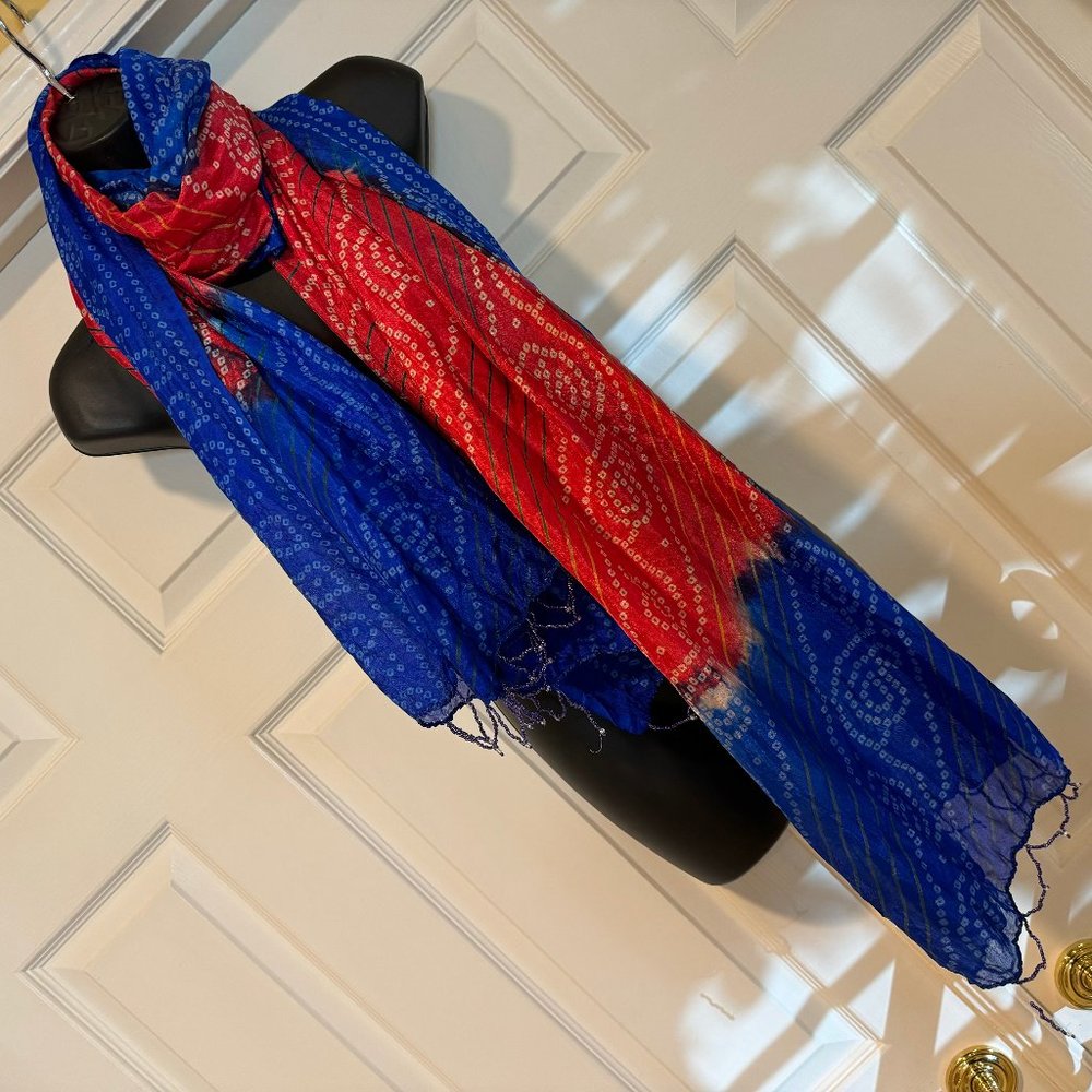 New Large Blue Red White Silk Viscose Indian Scarf Wrap Beaded edge